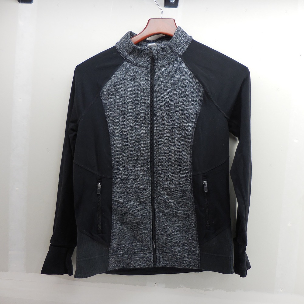 Athleta Girl Black Gray Herringbone Full Zip Jacket XL 14 Mock Neck Thumbholes
